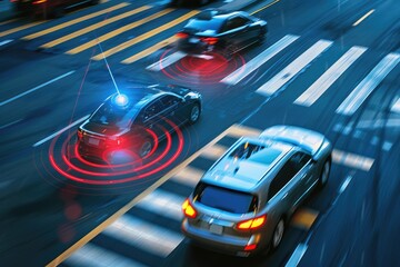 A modern car braking automatically to avoid a collision, with the driver alerted by an advanced warning system. MZ 