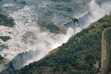 Aerial view of Victoria Falls  from a helicopter between Zimbabwe and Zambia, Africa