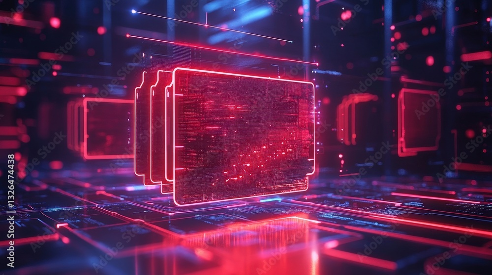 Poster a futuristic digital landscape featuring glowing red and blue elements, resembling interconnected da