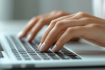 Woman office worker typing on laptop keyboard