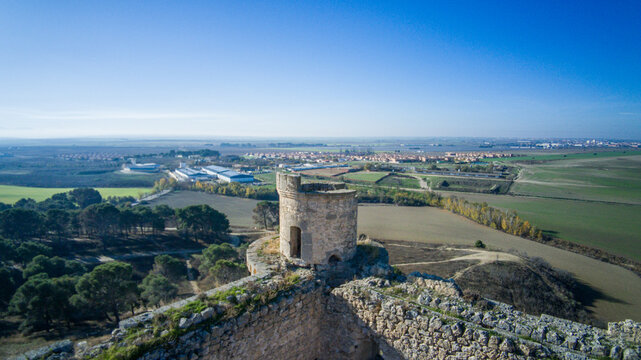 Aerial Drone View of Castillo de Barcience Tower Overlooking Barcience Village in Spain