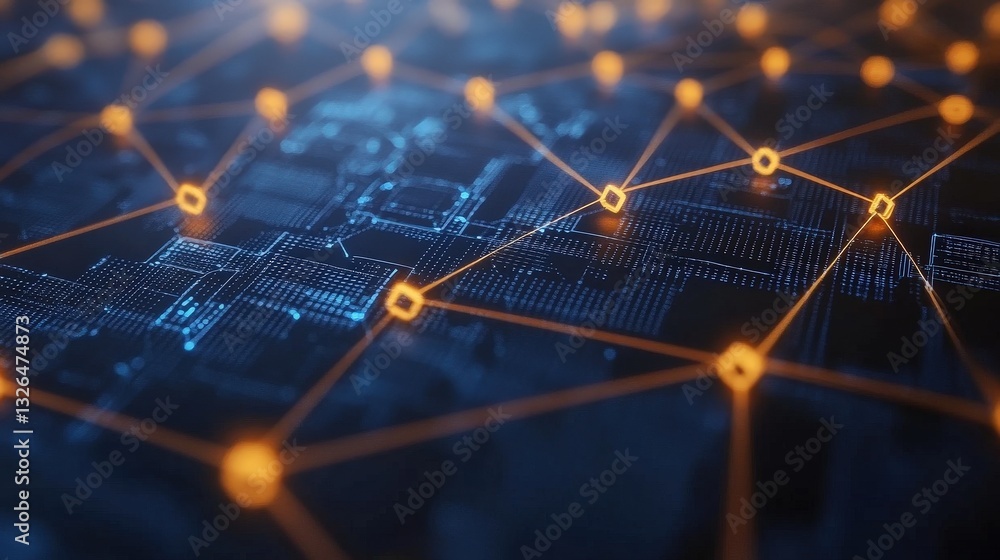 Poster a close-up view of a digital network with glowing nodes and interconnected lines, representing data 