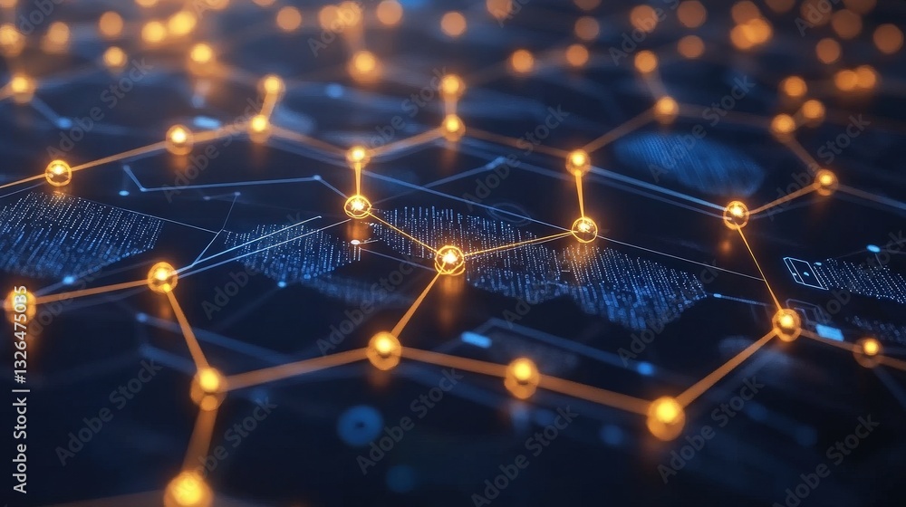 Poster a close-up of interconnected nodes and glowing lights, representing a digital network or blockchain 