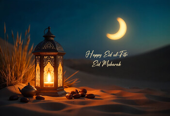 Magical Eid Night in the Desert with Lanterns and Crescent Moon