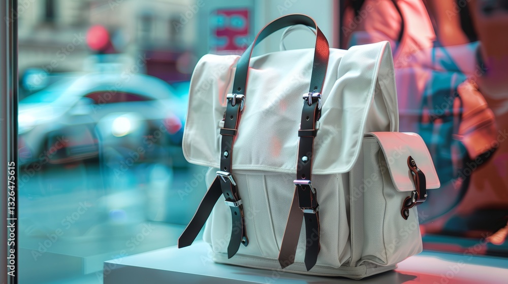 Poster A white and blank backpack sitting on display in a shop window with bright colors and clean lines in a realistic setting