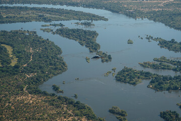 View of a helicopter flying towards Victoria Falls between Zambia and Zimbabwe, Africa