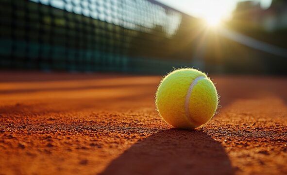 Bright tennis ball rests on clay court at sunset with net in the background showcasing evening sports activity