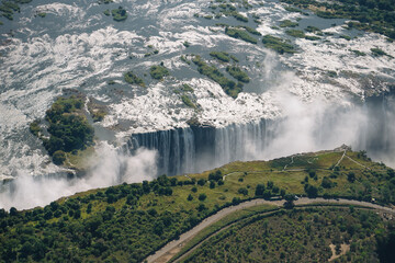 Aerial view of Victoria Falls  from a helicopter between Zimbabwe and Zambia, Africa