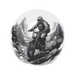 Stylish motorcyclist on a picturesque mountain road - travel and adventure concept. Vector illustration