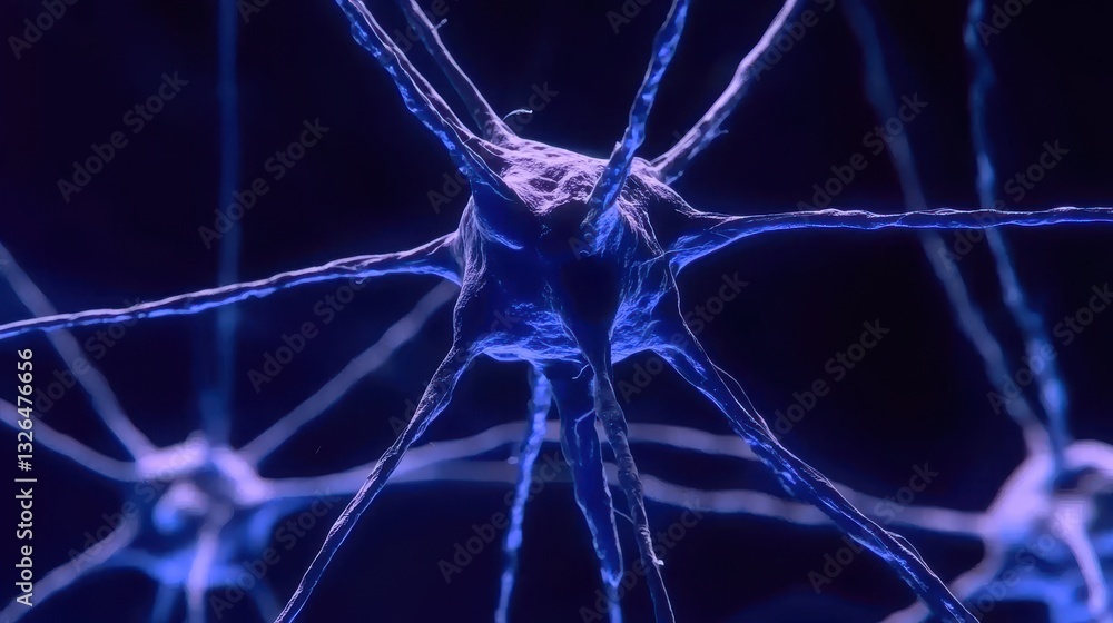 Poster close-up of blue neural networks, with synapses transmitting information within a brain. neuroscienc