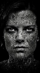 A Woman Face Shown As A Mosaic Of Pixelated Images In Dark Black And White Environment