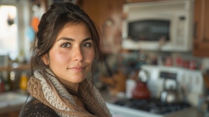 A woman standing in a kitchen looking directly at the camera in a closeup photography shot with a plain background