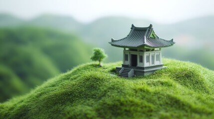 Fototapeta premium Charming Temple on Grassy Knoll: Serene Miniature Scene 
