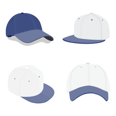 Blue and white casual baseball cap template design collection isolated on white background. Vector illustration