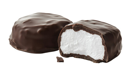 Obraz premium A fluffy white marshmallow coated in a thick layer of rich dark chocolate, with one piece slightly bitten to reveal the soft inside.
