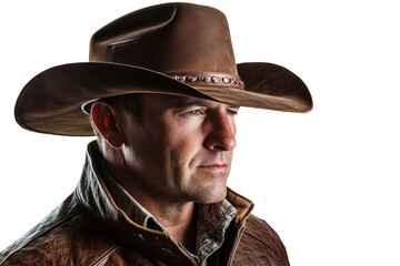 Fototapeta premium Portrait of a man wearing a brown cowboy hat and leather jacket against a white studio background light