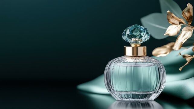 Elegant glass perfume bottle with gold accents against a dark teal background, exuding luxury and sophistication.