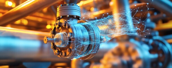 A digital representation overlays industrial equipment in a pipeline setting