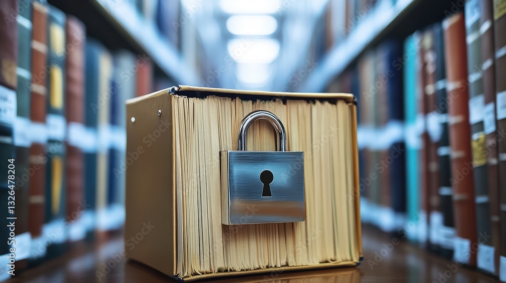 Poster a locked box filled with files is prominently displayed in a library setting, suggesting themes of p