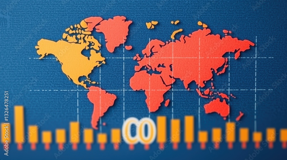 Poster colorful world map with graphical elements representing data trends