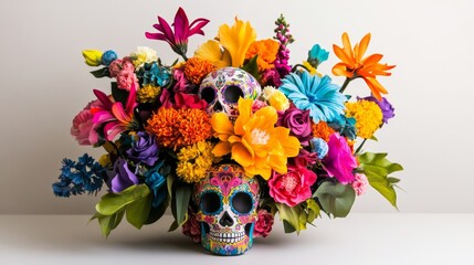 Colorful Sugar Skulls and Flowers 
