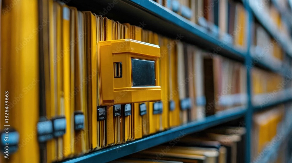 Poster a close-up view of a yellow filing box among numerous file folders on a shelf, highlighting an organ