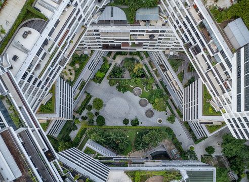 Aerial view of interlace condominium with modern architecture and lush greenery, Bukit Merah, South West Community Development Council, Singapore.