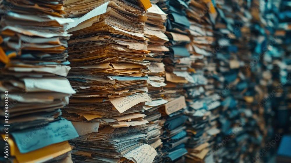 Poster a cluttered stack of various papers and files, creating a chaotic yet intriguing visual of disorgani