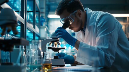 A man in a lab coat is looking through a microscope