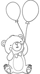 Bear birthday theme, Cute bear holding two balloons, smiling joyfully. Outline for coloring .