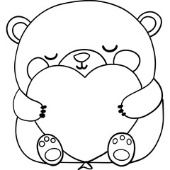 Bear birthday theme, Cute bear holding a heart, perfect for children's illustrations or coloring pages. Outline for coloring .