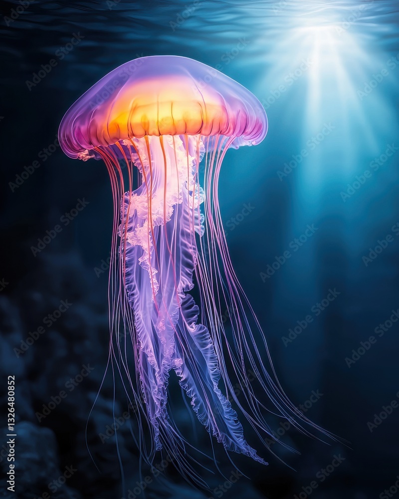 Aufkleber a vibrant and ethereal jellyfish drifting effortlessly through the tranquil luminous waters of the d