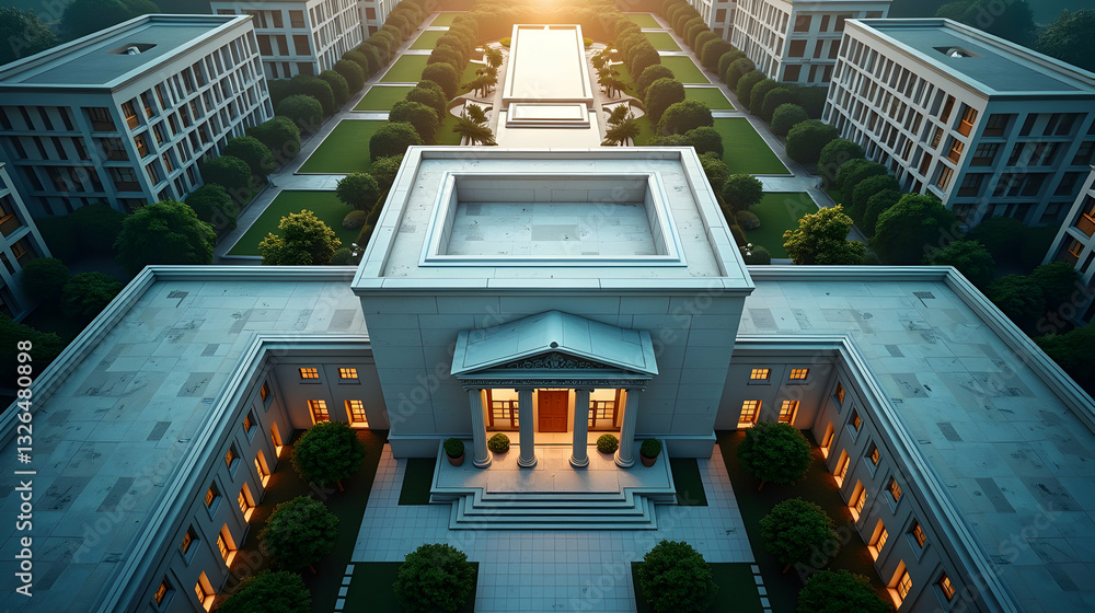 Poster a stunning aerial view of a symmetrical building complex, showcasing elegant architecture and landsc