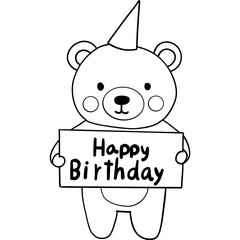 Bear birthday theme, Cute bear wearing a party hat, holding a 