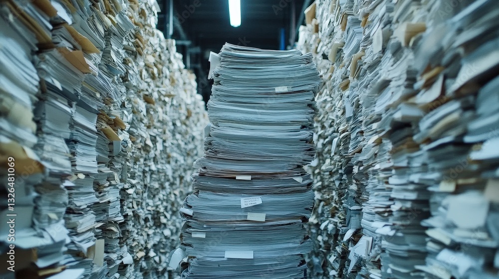Poster a narrow aisle lined with tall stacks of disorganized papers, illuminated by overhead lighting, crea
