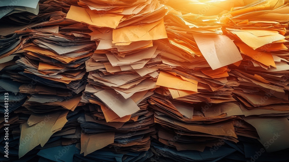 Poster a close-up view of a disorganized stack of various papers illuminated by warm sunlight.