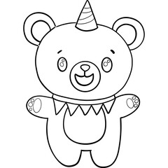 Bear birthday theme, Cute bear with a unicorn horn, cheerful expression, and outstretched arms, ready to be colored. Outline for coloring .