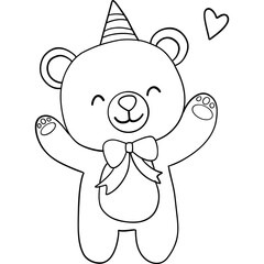 Bear birthday theme, Cute cartoon bear with a party hat and bow, smiling with raised paws. Outline for coloring .