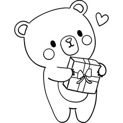 Bear birthday theme, Cute bear holding a gift with a heart above, in a simple cartoon style. Outline for coloring .