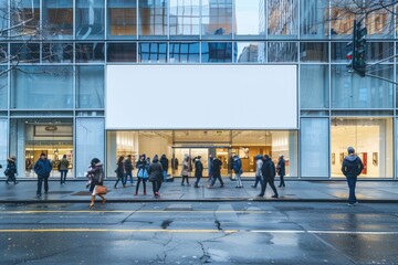 Fototapeta premium Blank storefront sign mockup on a busy city shopping street. MZ 