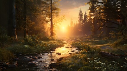 A river with a sun shining on it