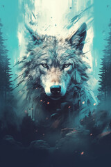 Wolf Art Teal created with Generative AI Technology, ai, generative