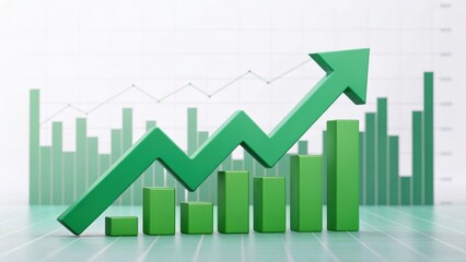 Business development and dynamic growth for success. Green upward graph indicating growth and progress in financial data analysis.