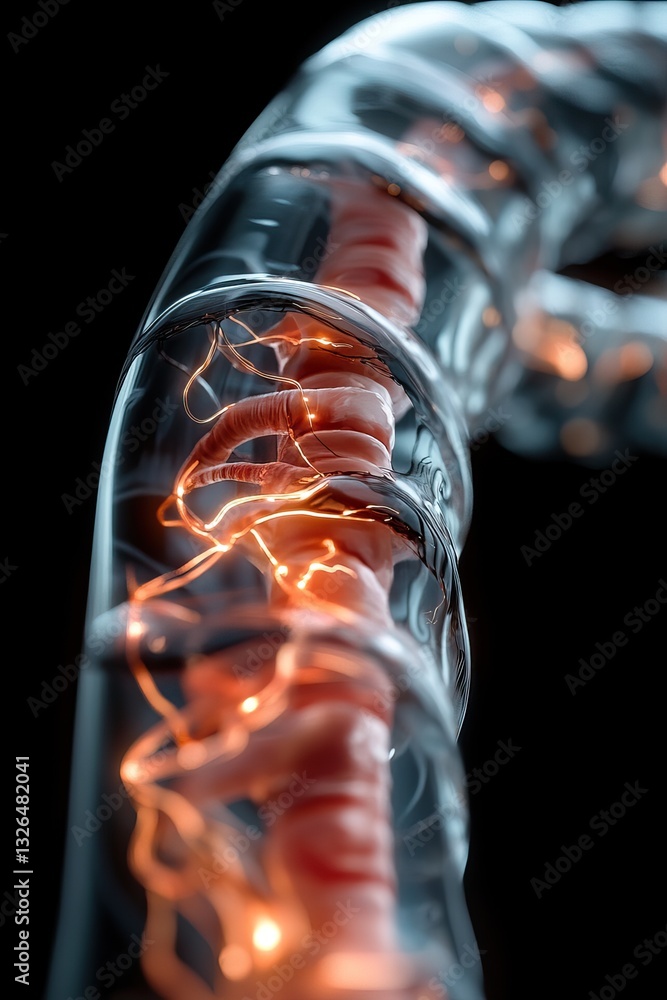 Poster a close-up image of a glowing, intricate wire structure showcasing vibrant electrical currents withi