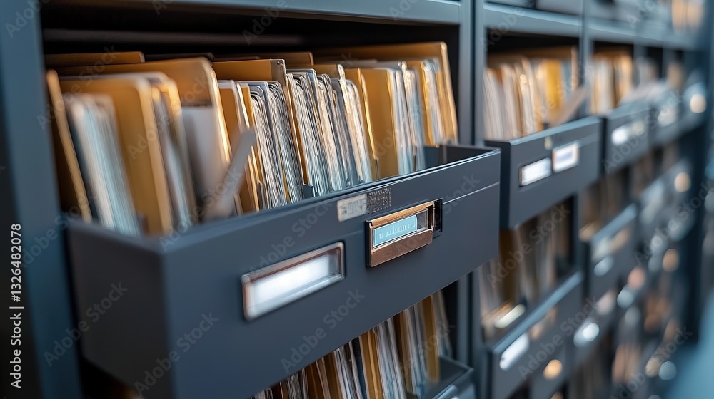 Poster a close-up view of organized filing drawers filled with documents, showcasing neatness and a structu