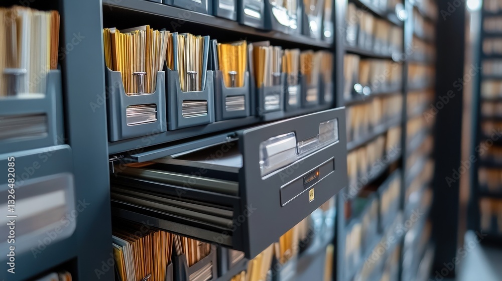 Poster a close-up view of a filing cabinet with organized documents, highlighting an open drawer amidst row