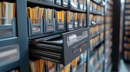 A close-up view of a filing cabinet with organized documents, highlighting an open drawer amidst rows of categorized files.