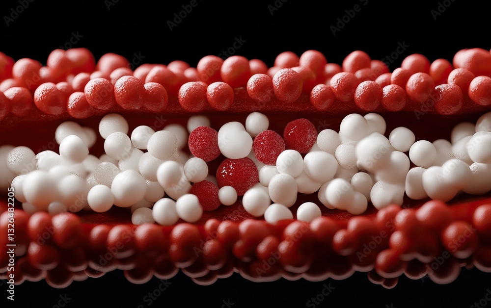 Aufkleber a close-up view of spherical structures in red and white, resembling cells or particles, arranged in