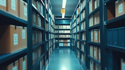 Fototapeta premium A narrow aisle between shelves filled with organized boxes, illuminated by overhead lights, showcasing a vast storage area.