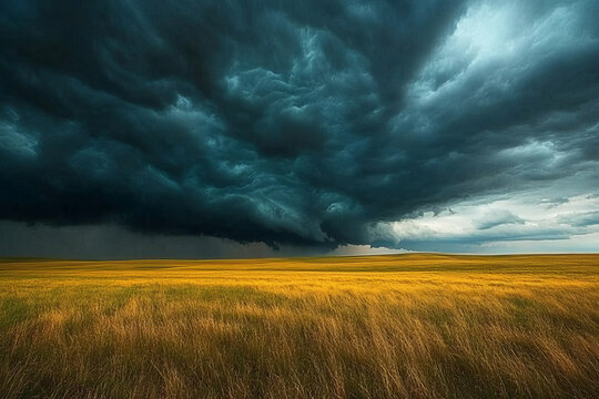 Dark storm clouds rolling over an open grassland field